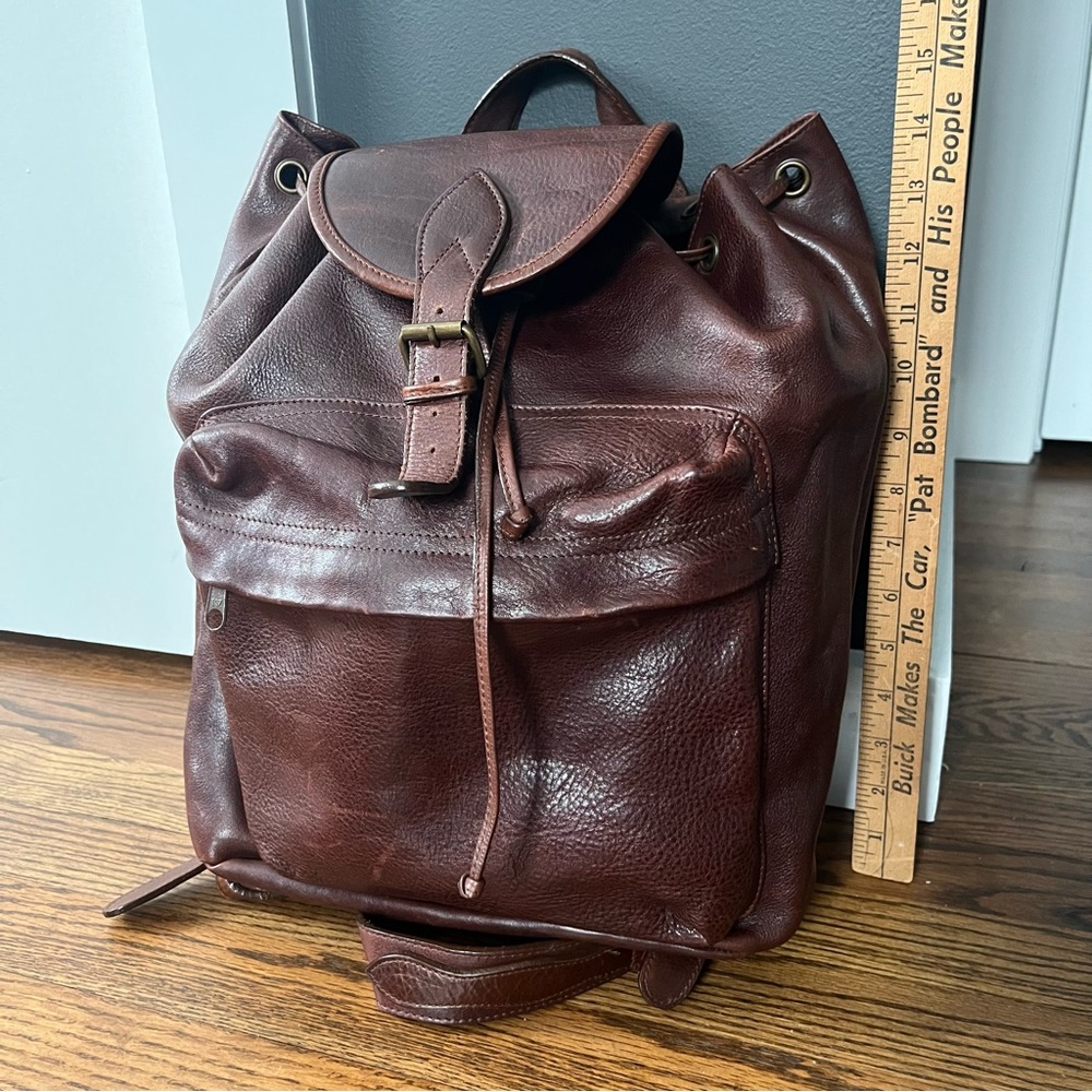 Vintage 90s Genuine Leather Backpack Rucksack Cognac Brown Slouchy Unisex - Picture 8 of 11